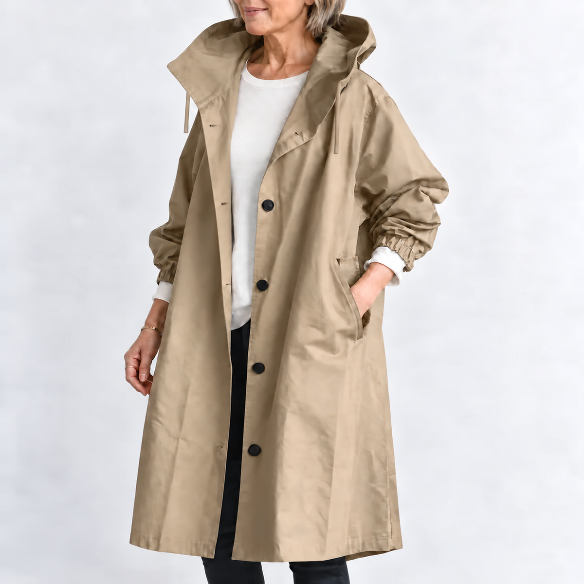 TRENCH LANG MET CAPUCHE VOOR VROUWEN