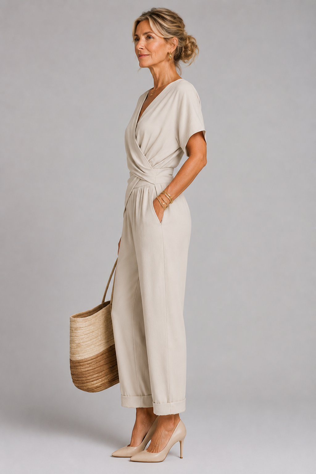 SET MET BROEK MET BREDE PIJPEN IN WRAP-STIJL VOOR VROUWEN
