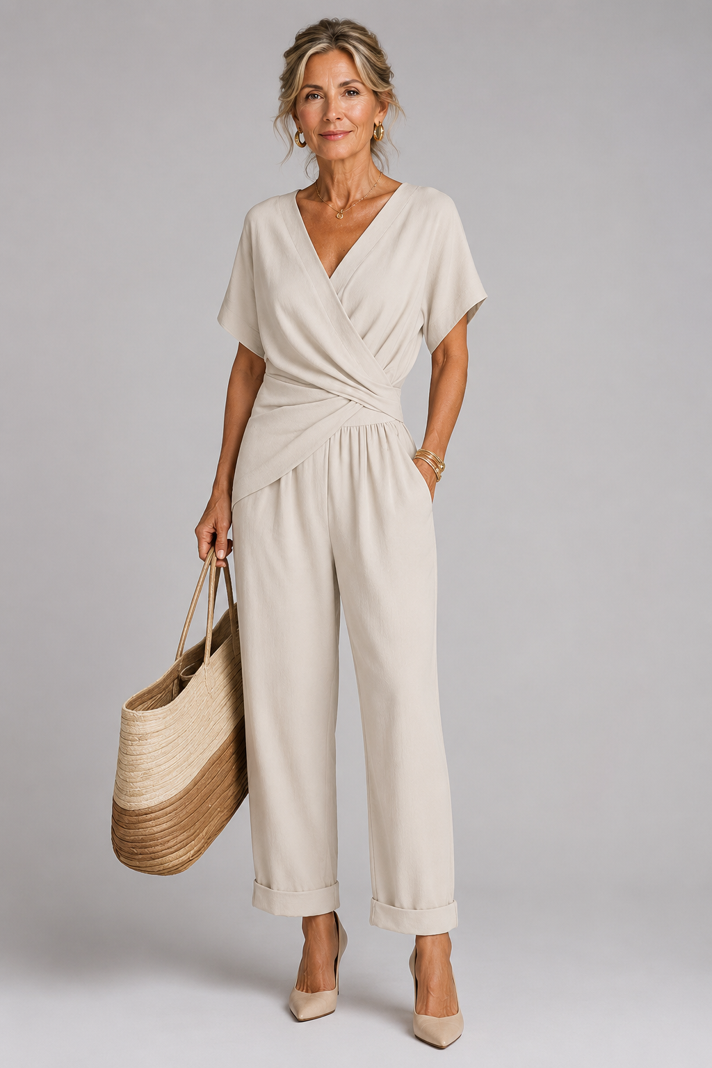 SET MET BROEK MET BREDE PIJPEN IN WRAP-STIJL VOOR VROUWEN