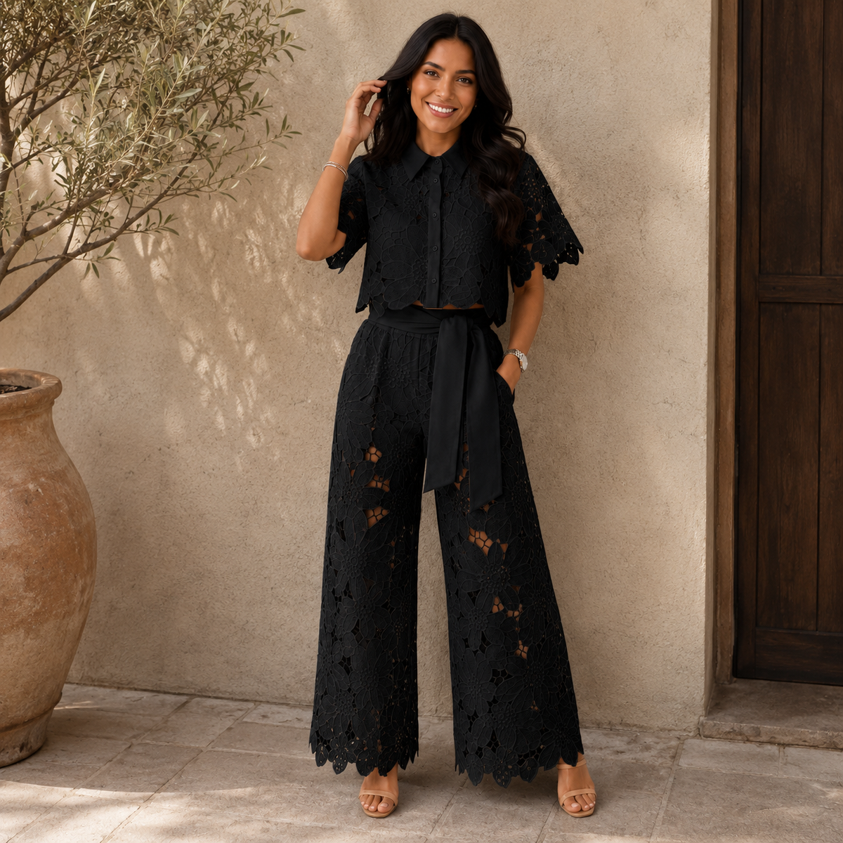 ELEGANTE TWEEDELIGE SET MET BORDUURSEL VOOR VROUWEN
