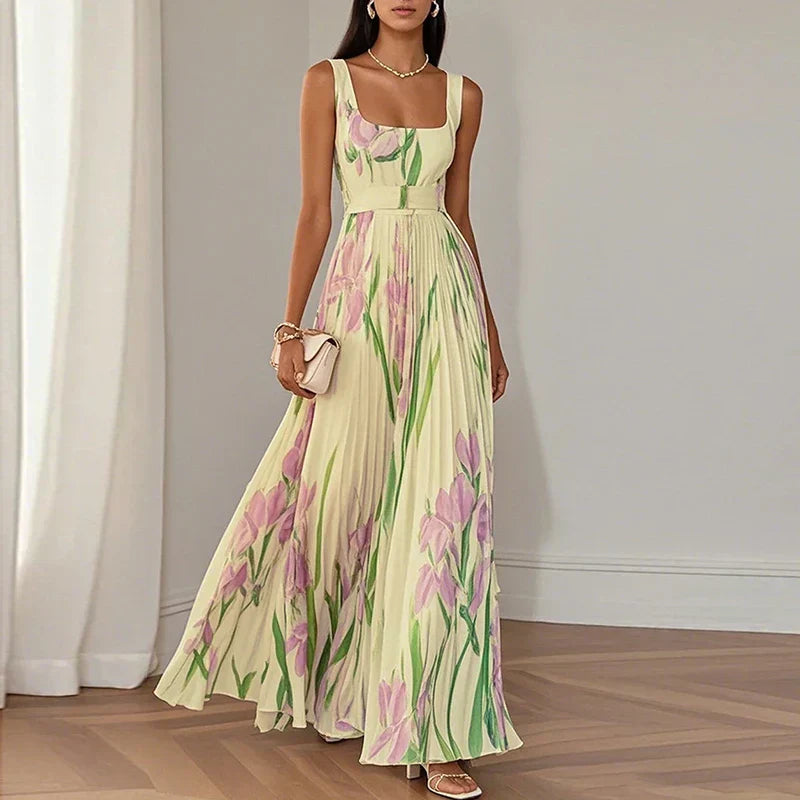 ELEGANTE GEPLOOIDE MAXI-JURK MET BLOEMENPRINT VOOR VROUWEN