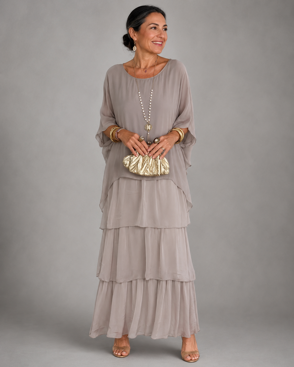 MAXI JURK VAN GELAAGD CHIFFON VOOR VROUWEN