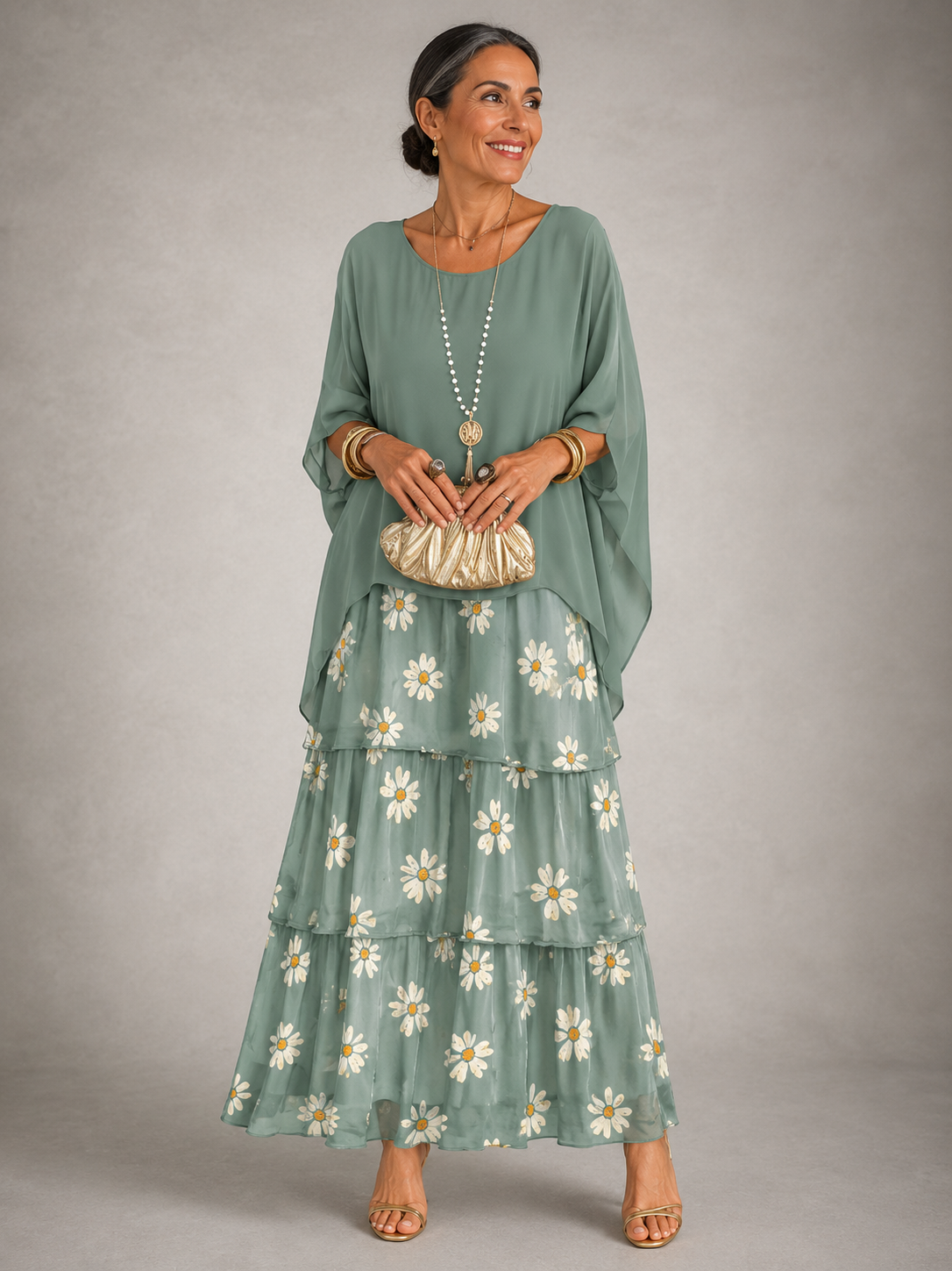 MAXI JURK VAN GELAAGD CHIFFON VOOR VROUWEN