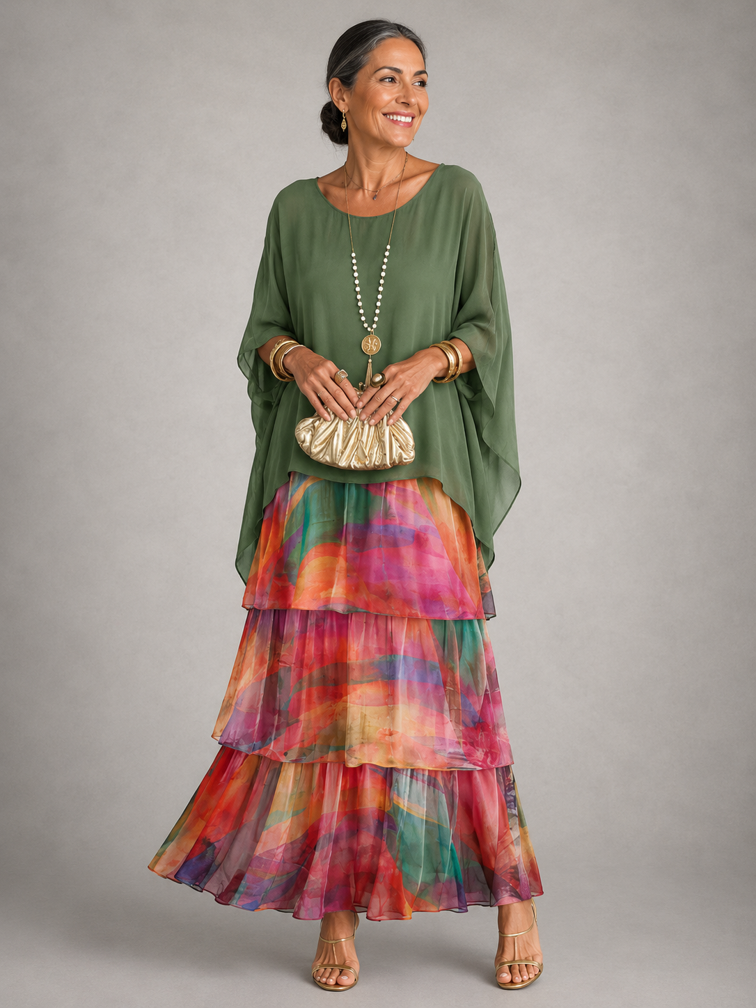 MAXI JURK VAN GELAAGD CHIFFON VOOR VROUWEN