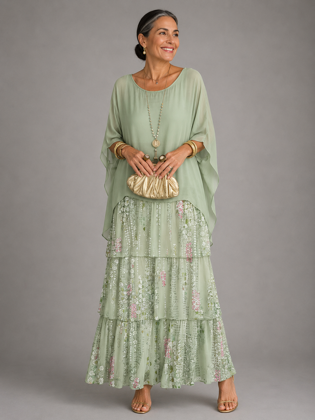 MAXI JURK VAN GELAAGD CHIFFON VOOR VROUWEN